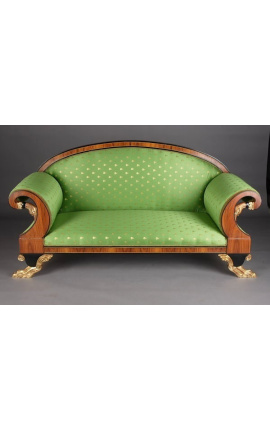 Grand sofa French Empire style green satin fabric and elm wood