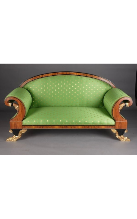 Grand sofa French Empire style green satin fabrics and elm wood