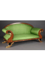 Grand sofa French Empire style green satin fabrics and elm wood