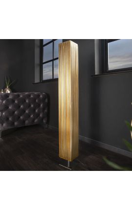 Lampada da terra "Golden Star" con paralume in tessuto dorato, struttura in metallo cromato