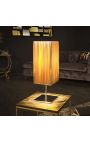 Lampada da tavolo "Stella d'oro" con rivestimento in tessuto dorato, struttura in metallo cromato