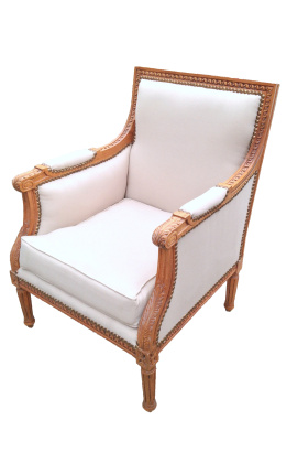 Großer Bergere-Sessel im Louis XVI-Stil, beiger Leinenstoff und rohes Holz