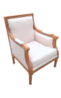 Duży fotel bergere w stylu Ludwika XVI beżowa tkanina lniana i surowe drewno