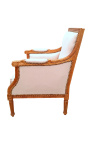 Duży fotel bergere w stylu Ludwika XVI beżowa tkanina lniana i surowe drewno