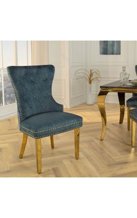 Set van 2 moderne barokstoelen, rugleuning in diamantmotief, petrolblauw & goud