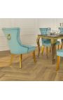 Set van 2 lichtblauwe stoelen en goudkleurig staal met ring in de rugleuning