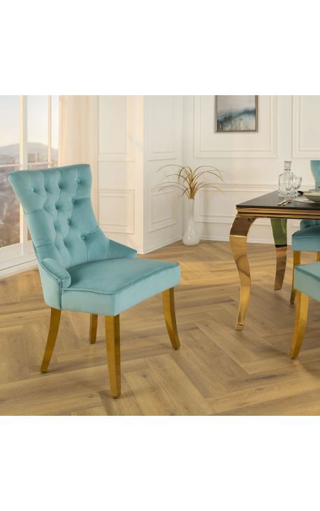 Set van 2 lichtblauwe stoelen en goudkleurig staal met ring in de rugleuning