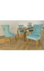 Set van 2 lichtblauwe stoelen en goudkleurig staal met ring in de rugleuning
