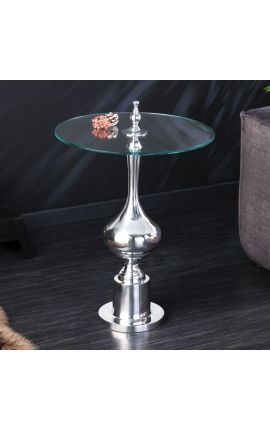 Moderna baročna stranska mizica iz aluminija, srebrna in steklena plošča