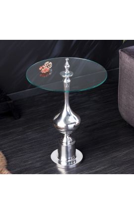 Moderna baročna stranska mizica iz aluminija, srebrna in steklena plošča