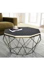Coffee table "Diamo" octagonal top of bones maquetry and brass-coloured metal