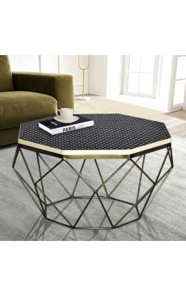 Kaffebord "Diamo" ocktagonal topp av ben maketerie och mässingfärgad metall