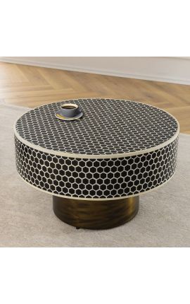 Coffee table "Nature" round top bone marquetry and brass-coloured metal