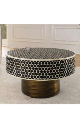 Table basse &quot;Nature&quot; ronde plateau en marqueterie d&#039;os et métal couleur laiton