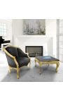 Bergere armchair Louis XV style black velvet and gold wood