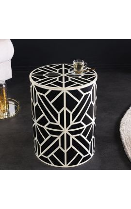 Cylindrical side table buffalo bones inlay, black and white