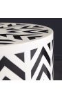 Cylindrical side table in buffalo bones inlay, white and black