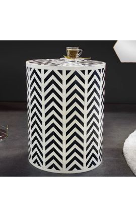 Cylindrical side table in buffalo bones inlay, white and black