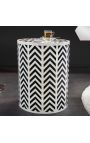 Cylindrical side table in buffalo bones inlay, white and black