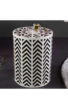 Cylindrical side table in buffalo bones inlay, white and black