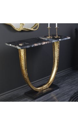 Console en aluminium doré avec plateau en marbre noir - 80 cm