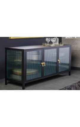 Buffet vitré contemporain "TOKYO" en métal noir et verre, poignées dorées – 105 cm