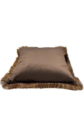 Cuscino quadrato in velluto marrone con frange d&#039;oro strisce 45 x 45