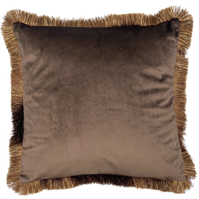 Quadratische Kissen in braun Samt mit goldenen Fransenstreifen 45 x 45