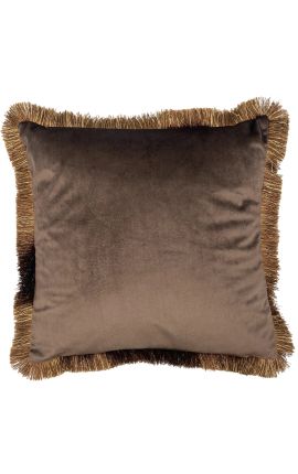 Cuscino quadrato in velluto marrone con frange d'oro strisce 45 x 45