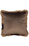 Coussin carré en velours marron avec galon à franges dorées 45 x 45
