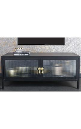 Hedendaagse glazen kast "TOKIO" zwart metaal en glas, gouden handgrepen 90 90 cm