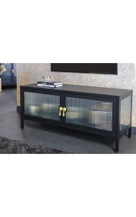 Buffet vitré contemporain &quot;TOKYO&quot; en métal noir et verre, poignées dorées – 90cm