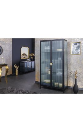 Hedendaagse glazen kast "TOKIO" zwart metaal en glas, gouden handgrepen 160 cm