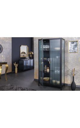 Hedendaagse glazen kast &quot;TOKIO&quot; zwart metaal en glas, gouden handgrepen 160 cm