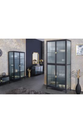 Hedendaagse glazen kast "TOKIO" van zwarte metaal en glas, gouden handgrepen – 180 cm