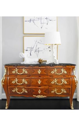 Commode de style Louis XV marquetée 3 tiroirs, avec plateau marbre noir