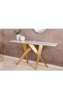 Console CALYPSO in acciaio spazzolato oro e top in ceramica marmo bianco look