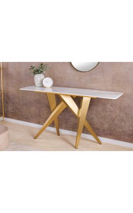 Console CALYPSO in acciaio spazzolato oro e top in ceramica marmo bianco look