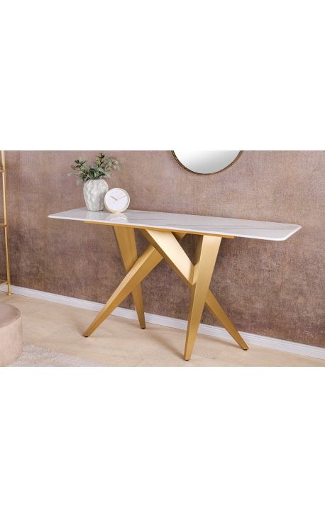 Console CALYPSO in acciaio spazzolato oro e top in ceramica marmo bianco look