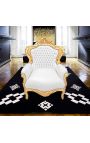 Grand fauteuil de style baroque tissu simili cuir blanc et bois doré