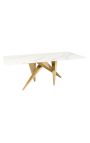 Table de repas CALYPSO en acier brossé doré plateau céramique marbre blanc - 200 cm