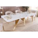 Table de repas CALYPSO en acier brossé doré plateau céramique marbre blanc - 200 cm