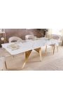 Table de repas CALYPSO en acier brossé doré plateau céramique marbre blanc - 200 cm