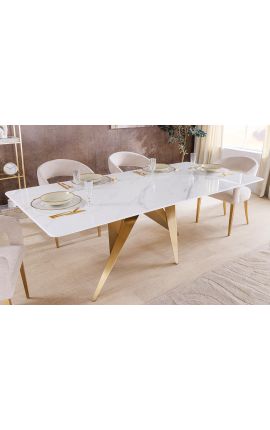 CALYPSO oro cepillado mesa de comedor de acero superior cerámica mármol blanco - 200 cm