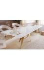 Table de repas CALYPSO en acier brossé doré plateau céramique marbre blanc - 200 cm