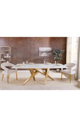 CALYPSO oro cepillado mesa de comedor de acero superior cerámica mármol blanco - 200 cm
