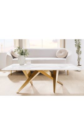 Mesa de café CALYPSO en acero cepillado de oro y cerámica superior mármol blanco