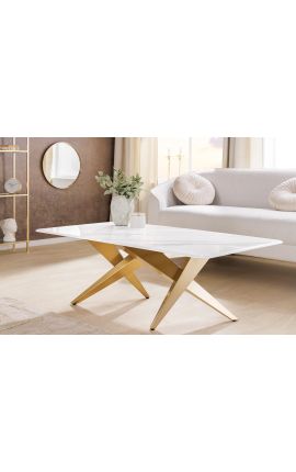 Mesa de café CALYPSO en acero cepillado de oro y cerámica superior mármol blanco