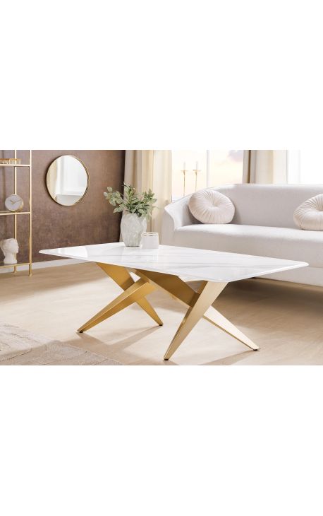 Tavolo da caffè CALYPSO in acciaio spazzolato oro e top ceramico marmo bianco
