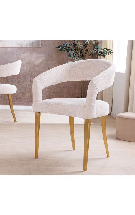 Een paar CALYPSO eetstoelen in gestructureerd beige fluweel met gouden benen